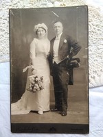 Antik esküvői kabinetfotó/keményhátú fotó, menyasszony, vőlegény, Brunhuber Géza Budapest