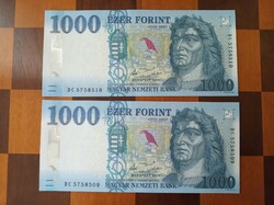 Sorszámkövető 1000 forint bankjegy 2 db DC sor. 2017