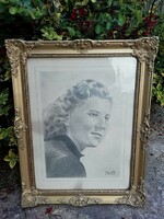 Antique female pencil portrait in a blondel frame signed from 1954