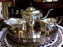 Silver-plated, antique, tea or coffee set on a beautiful, chiselled, sheffield, perforated-edged tray