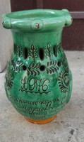 Huge monon Francis, hw. Pottery, ceramic bait jug with green glazed poem rhyme (.. Igyad behind ...)