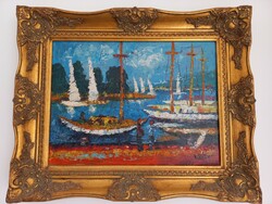 Vén Emil  : Balatoni kikötő című festménye