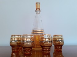 Retro régi cseh jelzett Bohemia üveg italos készlet csíkos likőrös dugós üveg pohár 7 db