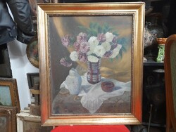 Oil on canvas still life painting. Indicated.