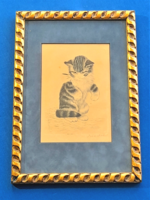 Régi, cirmos cicát, macskát ábrázoló rézkarc antik keretben (1930)