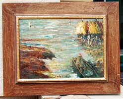 László Saly Németh (1920-2001): returning from fishing - oil painting, in a unique frame