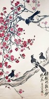 Chi paj-si plum blossom and magpies, Chinese painting mural reprint print, bird on branch