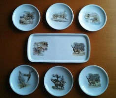 Ritka Alföldi porcelán vadász mintás süteményes készlet / Tányérok és kínáló erdei állatok mintával