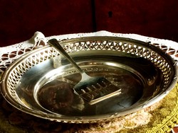 Luxurious, old, silver-plated, marked, pierced serving bowl with a beautiful, also silver-plated cake shovel