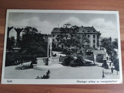 Régi képeslap, Győr: Bissinger sétény az országzászlóval, Barasits fotó, 1936