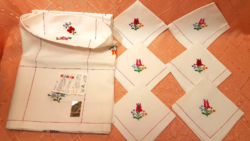 Never used, old, judged, embroidered tablecloth set, ironed, hardened, original packaging
