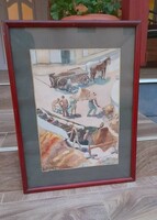 Szocreál  festmény-Aquarell Szignó: Keszthelyi Károly  Méret :26.5×37cm Keret:39×51cm