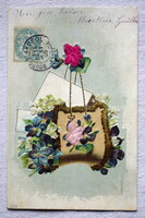 Antik  dombornyomott üdvözlő képeslap szatén ibolya  gyöngyvirág