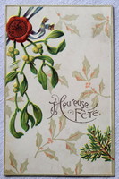 Antique French Embossed New Year Greeting Postcard with Mistletoe Seal Amin Comet
