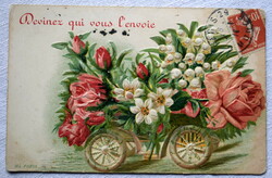 Antik francia dombornyomott  üdvözlő képeslap rózsa gyöngyvirág automobil