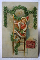 Antique Embossed New Year Greeting Postcard Little Kid in Elf Gown Ladder with Champagne Clover