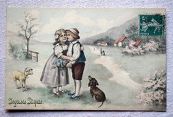 Antik VK Vienne  grafikus Húsvéti üdvözlő képeslap   gyerekek tájkép bárány  tacskó