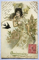 Antik Art Nouveau dombornyomott grafikus üdvözlő képeslap hölgy borítékkal fecske