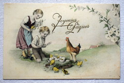 Antik MM Vienne Schubert grafikus Húsvéti üdvözlő képeslap gyerekek csibék