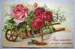 Antik dombornyomott  üdvözlő glitteres képeslap  talicska rózsa