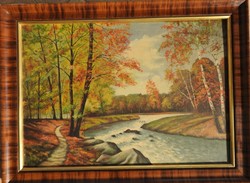 Unknown artist - forest stream with oil / wood painting - marked - wood inlaid Biedermeier frame