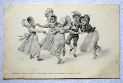 Antik Theo Stoefer grafikus üdvözlő képeslap táncoló gyerekek