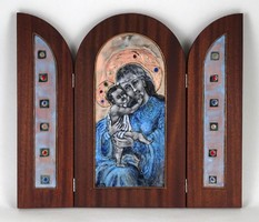 1I790 Jelzett művészi zománckép tűzzománc triptichon Mária a kis Jézussal 37 x 43 cm