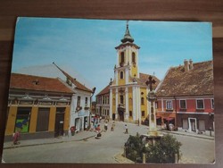 Régi képeslap, Szentendre, Marx tér a Blagovestenszka templommal és a Pestis kereszttel(1984)