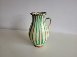 Old vintage 28.5 cm striped folk earthenware pot Csákvár glazed pot jug earthenware jug