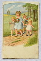 Antik P Ebner Pünkösdi üdvözlő képeslap gyerekek virággal