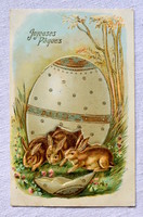 Antik  dombornyomott Húsvéti  üdvözlő képeslap nyuszik a tojásban