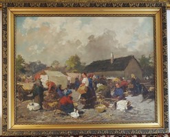 Gyertyáni Németh Gyula (1892-1946) festménye. Hétköznap a helyi piacon - Eredeti, szignált!