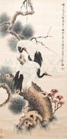 Ren yi (bonian) two Manchu cranes, Chinese painting mural reprint print, Japanese crane pair black pine