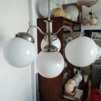 Art deco - Bauhaus 3 karos, 4 égős nikkelezett csillár felújítva - fehér gömb búrák