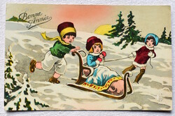 Vintage Újévi grafikus üdvözlő  képeslap gyerekek téli táj  szánkózás