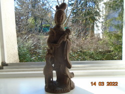 Antique Kwan Yin, the Chinese Buddhist Goddess of Mercy with Peafowl, Floral Vase, Rosewood Statue