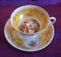 Antik életképes porcelán kávés csésze tányérral (L2546)