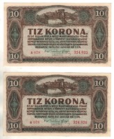 2 x 10 korona 1920 aUNC Sorszámkövető pár