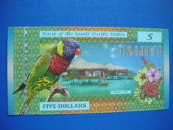 South Pacific Tahiti $ 5 2015 parrot fish! Unc! Rare fantasy money!