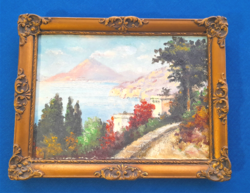 Seascape with blueprint in the background (oil painting in a blond frame)