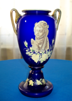 Szecessziós, női portréval díszített fújt üveg váza (1800-as évek vége)