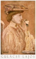 Gulácsy lajos woman with rose 1904 painting art poster, young hat lady portrait red gold
