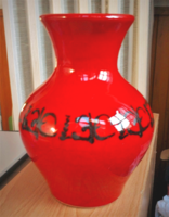 Tűzpiros retro iparművész kerámia hasas váza, 22 cm