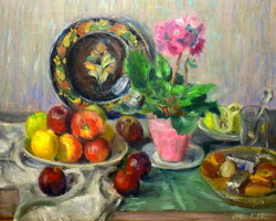 Russian gellért (1919 - 2002): still life with folk ceramic bowl