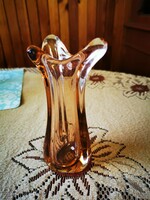 Cseh nehéz üveg váza 16.5 cm, lazac színű