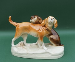 Régi Royal Dux cseh nagyméretű porcelán figura vadászkutya kutya páros