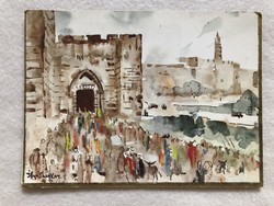 Dombornyomott Újévi képeslap  - Jeruzsálem kapuja - Illya Shenker f.  -  U.S.A.     - nagy méretű !