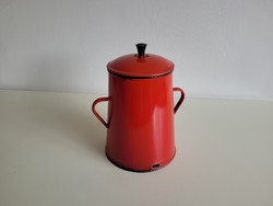 Old enamel small size 2 l red enameled lid iron bowl grease bowl jug