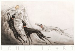 Louis Icart Agarászat II. 1929 art deco metszet művészeti plakátja, lány három angol agár kutya
