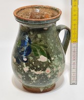 Folk, blue flower pattern, dark green glazed ceramic milky bastard (2220)